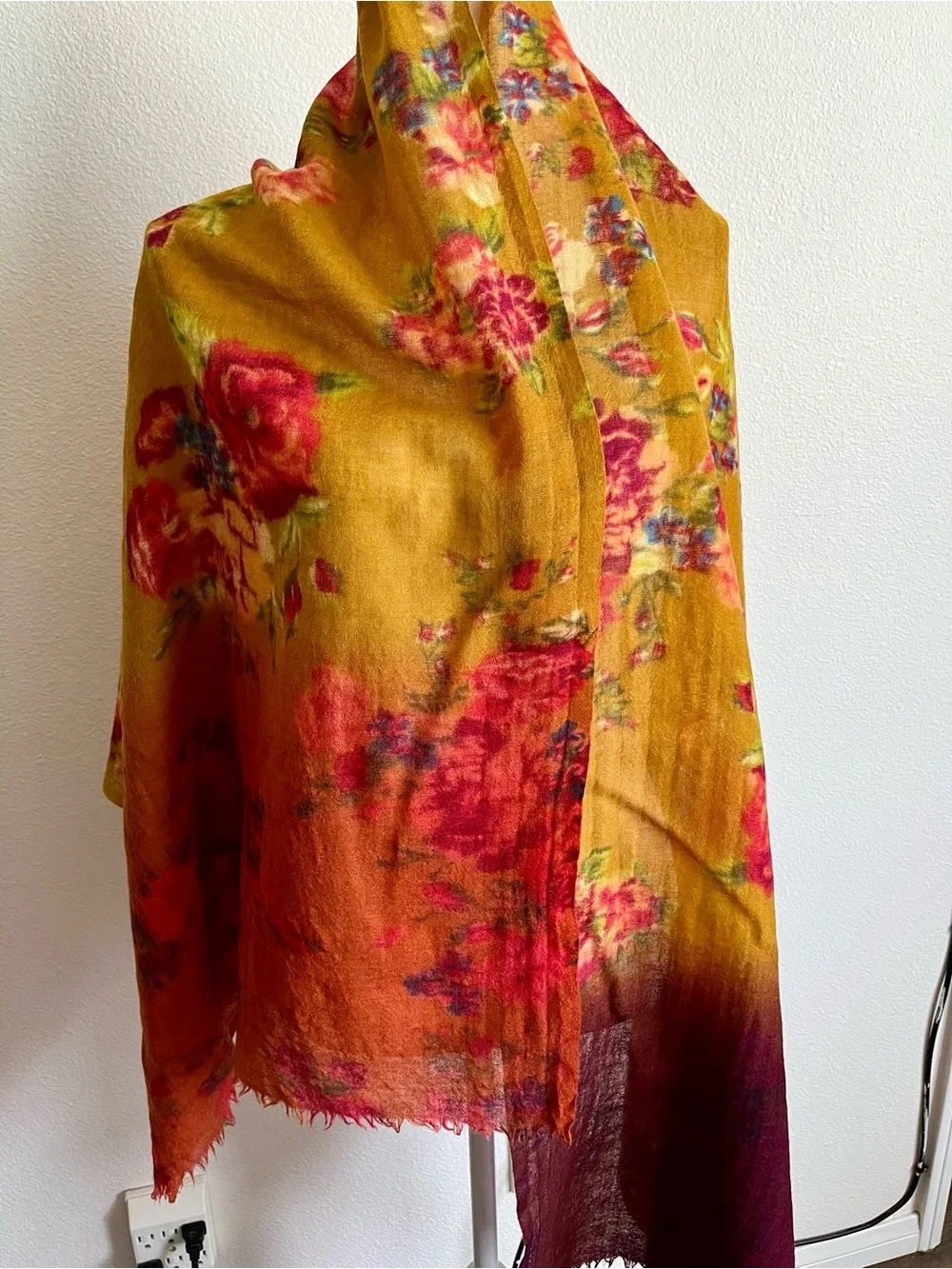 Floral Gradient Shawl Wrap in Mustard and Burgundy - Unbranded 26/72 Inch